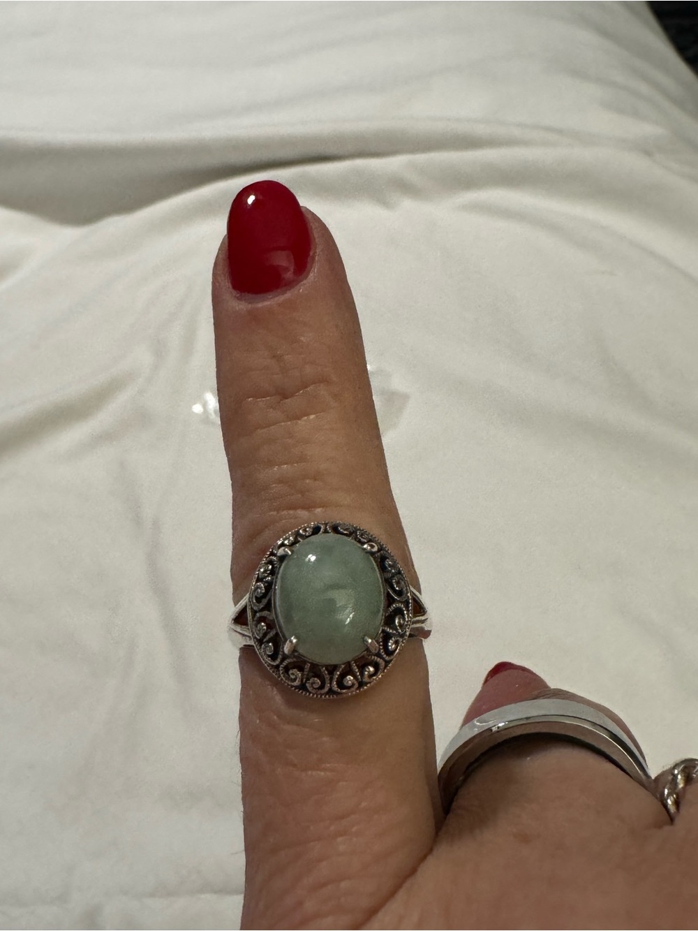 Source Unknown Silver Ring with Light Green Jade Cabochon